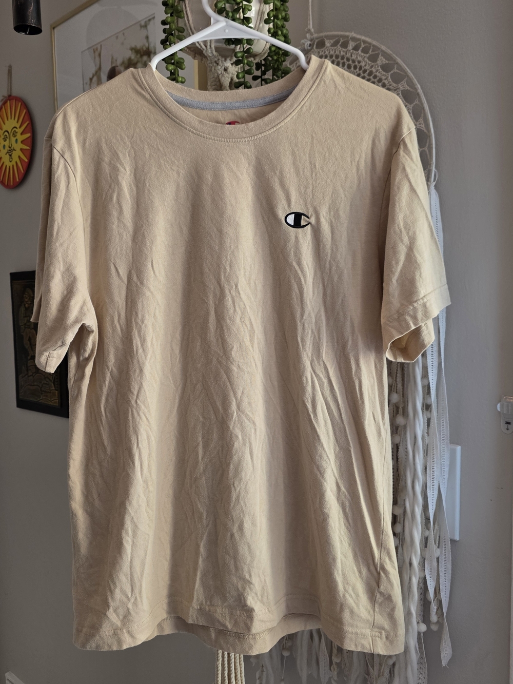 Champion Men's Crew Neck Logo T-Shirt in Beige - Medium